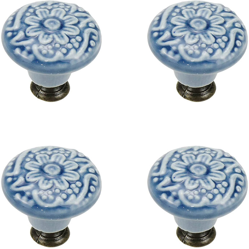 4 Pcs Ceramic Cabinet Kitchen Knobs Handles Vintage Round Single Hole Knobs for Drawer Cupboard Closet, with Mounting Screws, Blue