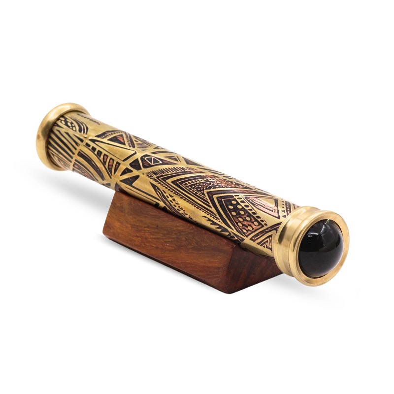 Brass Handmade Teleidoscope, Vintage Look Kaleidoscope with Wooden Display Stand