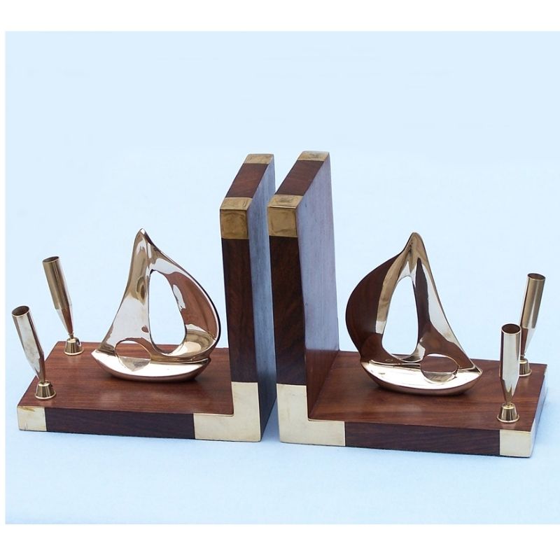 Handmade Wooden Brass Sailing Ship Bookends Set with Pen Holders | Nautical Maritime Office Desk &amp;amp;amp;amp;amp; Library Decor