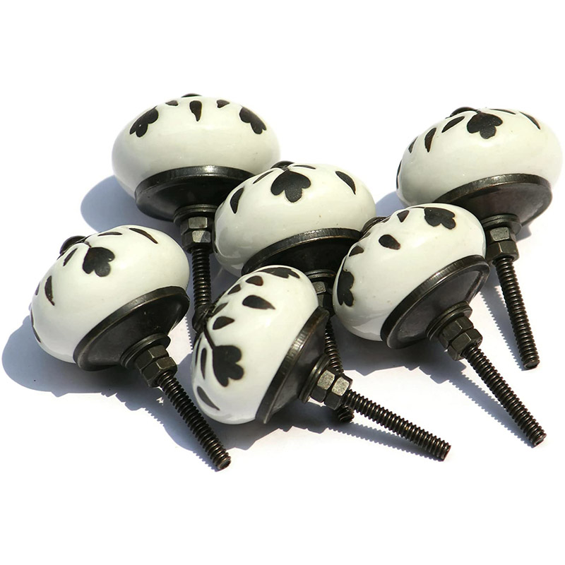 Set of 6 Vintage Theme Black and White Ceramic Knobs - Cabinet knobs - Drawer knobs - Cabinet pulls - Door knobs (Flower)