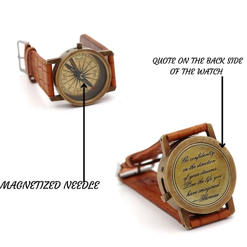 Nautical Quote Engraved Wrist Brass Compass With Leather Strap for Camping Trekking Hiking