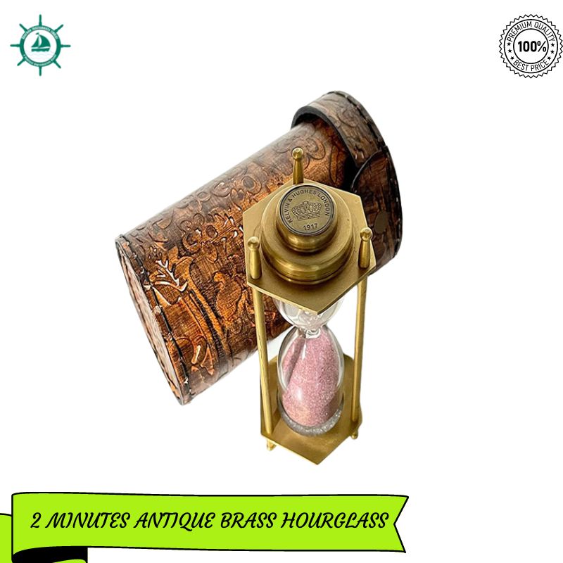 Solid Brass Hour Glass Sand Timer Clock Antique Brass Kelvin &amp;amp; Hughes Mark Nautical Timer Beautiful Pink Color Sand with Engrave Leather Box Gift