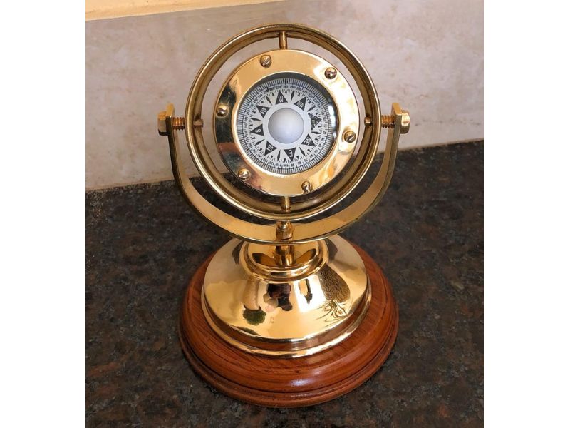 Brass Plated Gimbaled Compass with Stand – Vintage Maritime Navigation Instrument, Desk Display Decor, Nautical Gift for Office, Home & Study, Collectible Compass with Adjustable Stand