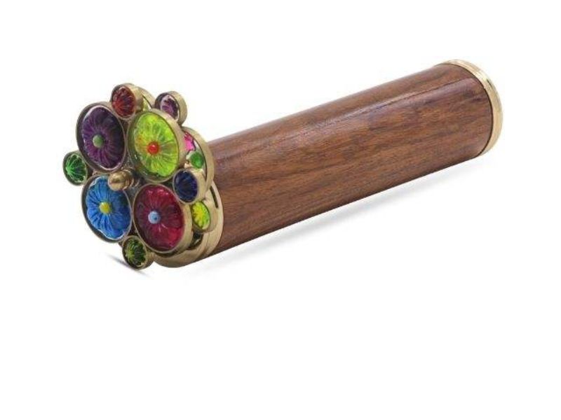 Handcrafted Wooden Brass Kaleidoscope with Colorful Flower Wheels Optical Art Collectible Toy and Gift
