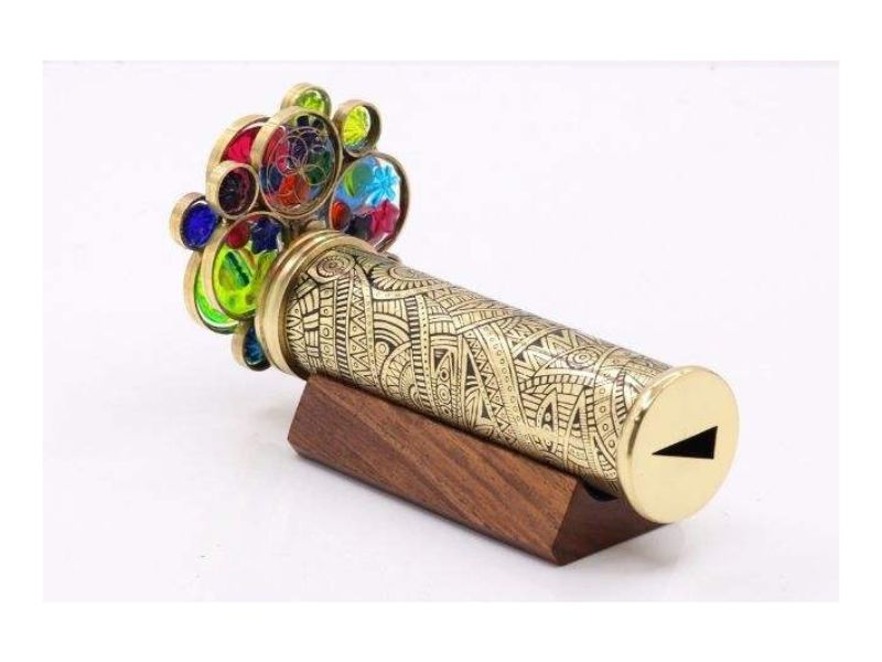 Handcrafted Brass Kaleidoscope for Adults &amp; Kids with Floral Etched Tube, Dual Turning Wheels, Wooden Stand Decorative Gift
