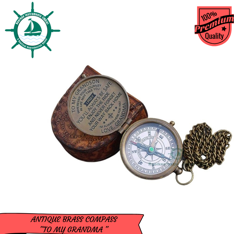 Inspirational Gift to Grandson Pocket Brass Compass, Handmade Compass for Camping, Travelling, Gifting Compass for Wedding, Birthday, Graduation Day Gifts with Leather Storage Case.