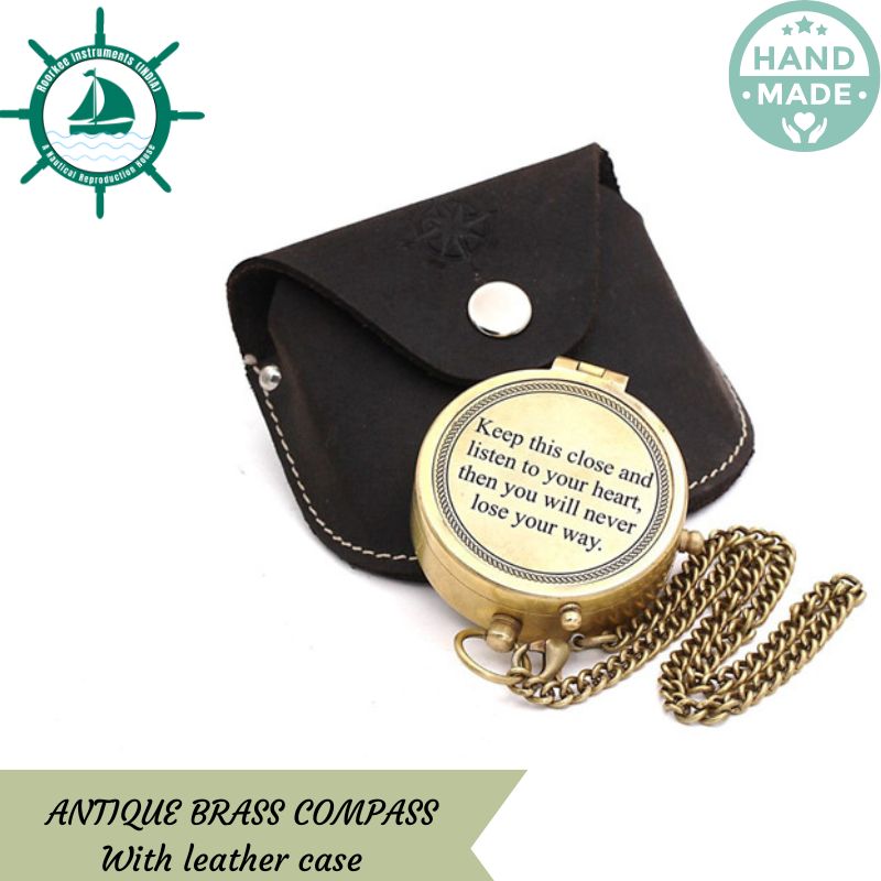 Personalized Customized Quote Engraved Keep this close Brass Compass With Leather Case for Camping travelling outdoor sports