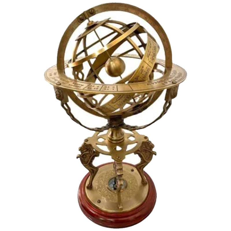 Antique Brass 18 and Armillary Globe Sphere Engraved with Compass on Wooden Base Home & Office Decor