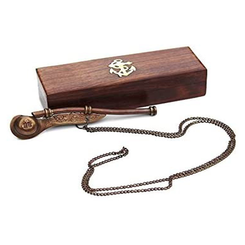 Bosun Whistle Antique Brass with Hardwood Anchor Inlaid Box