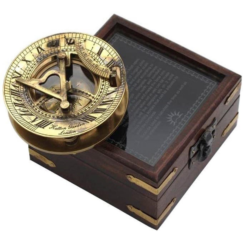 Antique Nautical Vintage Directional Magnetic Sundial Clock Pocket Compass Quote Engraved Baptism Gifts with Display Wooden Case for Loved Ones, Love Hatton Garden London 1898