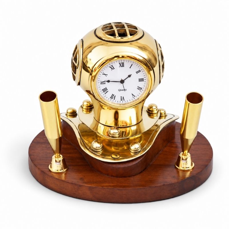 Vintage Brass Diving Helmet Desk Clock with Dual Pen Holders on Wooden Base – Nautical Maritime Office Decor