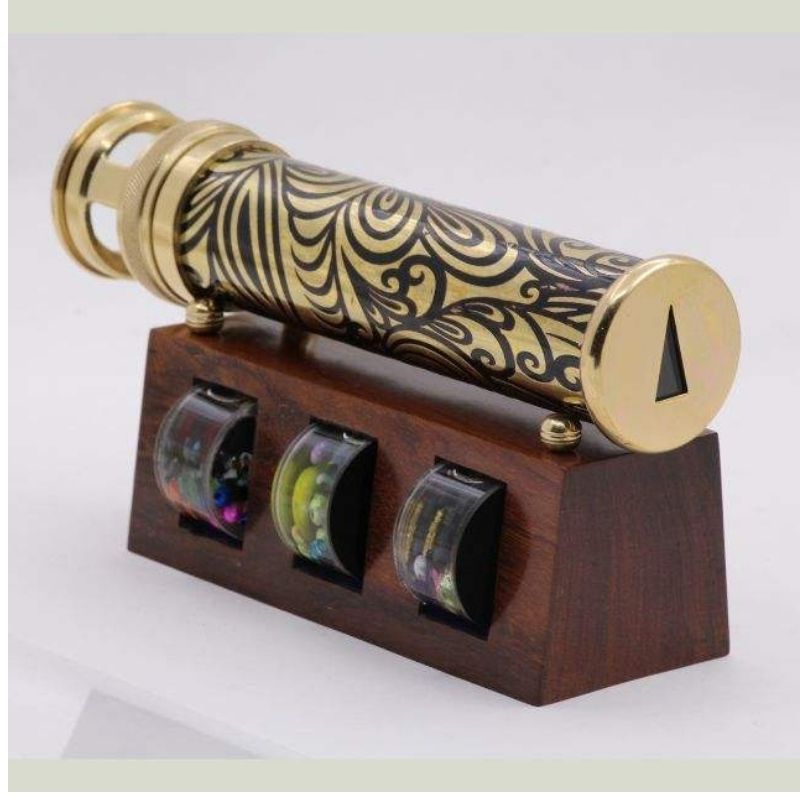 Unique Wedding Gift Handmade Brass Kaleidoscope with 3 Interchangeable Object Chambers and Wooden Display Stand Collectible