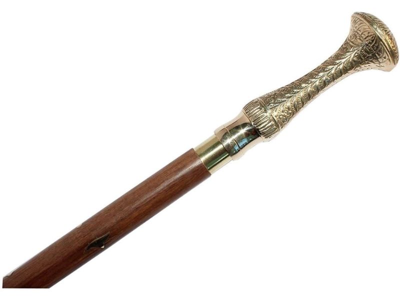 Vintage Brass Handle Walking Cane – Ornate Victorian Style Wooden Walking Stick for Men & Women – 36 Inch Foldable Brown Rosewood Cane with Brass Collar & Rubber Tip – Collectible Gift for Gentlemen