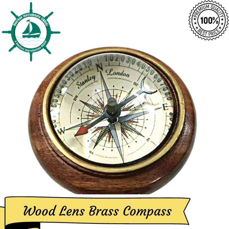 Wood Lens Brass Compass Table Top Decorative Paper Weight Purpose Collectible Gift
