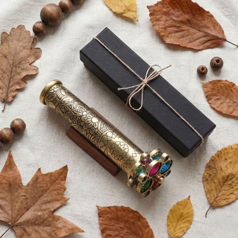 Handcrafted Etched Floral Pattern Lacquered Brass Kaleidoscope Includes Two Separate Turning Wheels-A Unique Gift to My Son, Grandson, Daughter. (6.5\