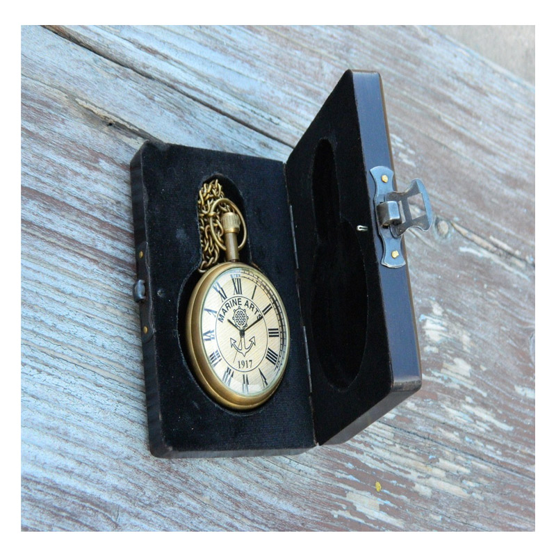 Antique vintage maritime brass pocket watch with wooden box