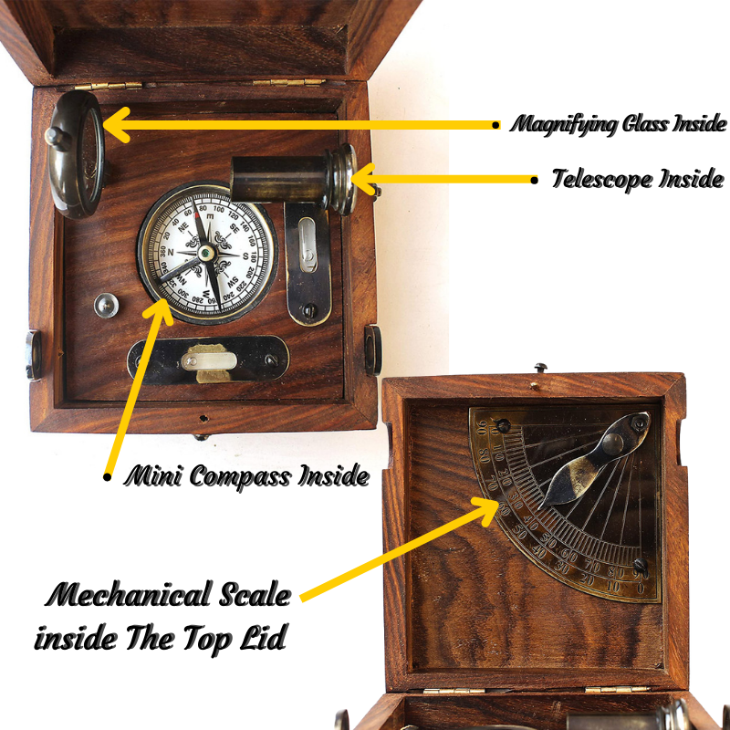 Six Instrument Marine Master Box - Compass Telescope Scale Chart Spirit Level Alidade