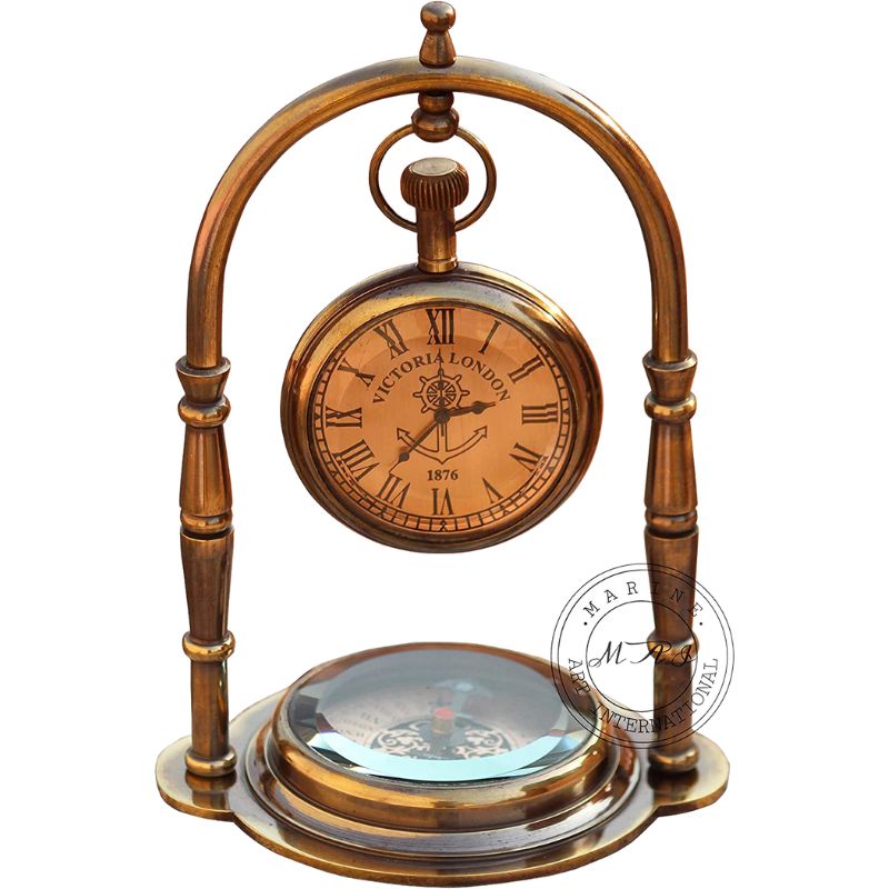 Nautical Clock Ship Table Clock Brass Desk Clock Maritime Brass Compass with Antique Victoria London Pocket Watch with Engraved Needle Table Clock