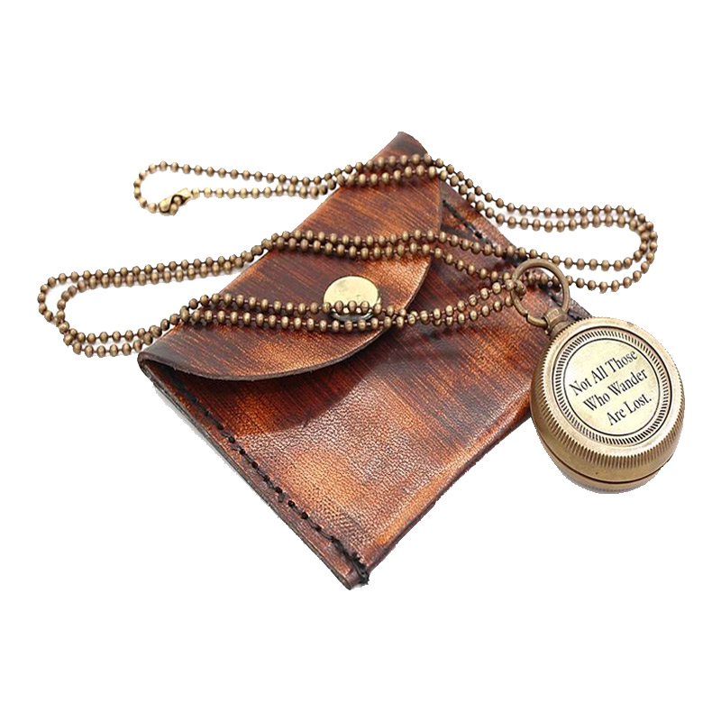 Antique Nautical Vintage Directional Magnetic Compass Engraved Quote !NOT ALL THOSE! Necklace with Leather Case 