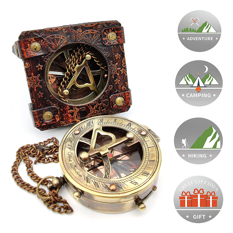 Antique Brass Sundial Compass Marine Boat Gift Pocket Sun Dial in Leather Display Box Nautical Marine Gift Sun Clock Pirate Ship Replica Watch Steampunk Accessory