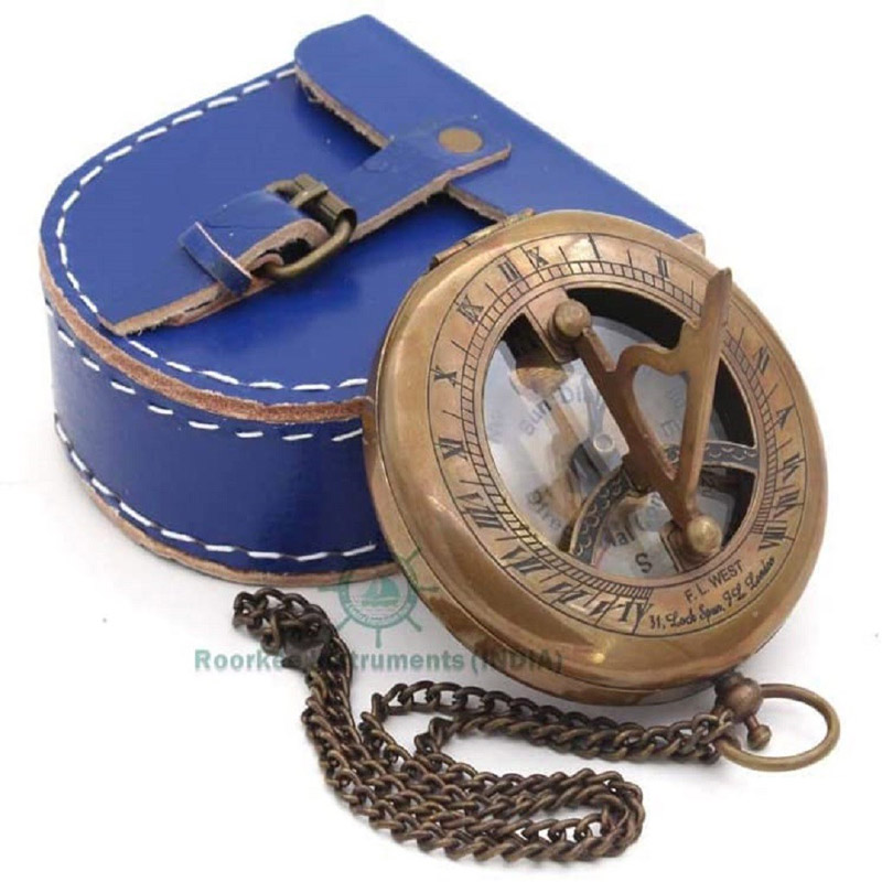 Antique Nautical Vintage Directional Magnetic Sundial Clock Pocket Marine Compass Essential Baptism Gifts with Blue Leather Case + Chain for Loved Ones, Partner, Spouse, Fiancé Quote