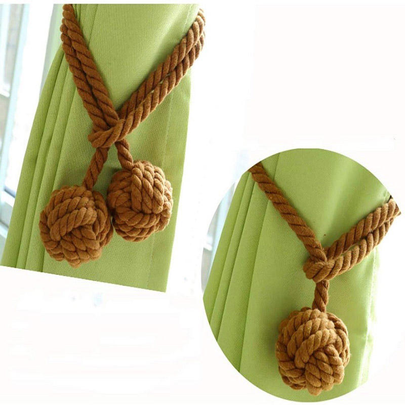  2pcs Braided Drapery Tiebacks Curtain Holdbacks Hand Knitting with Double Ball Cotton Rope Tassel - Brown