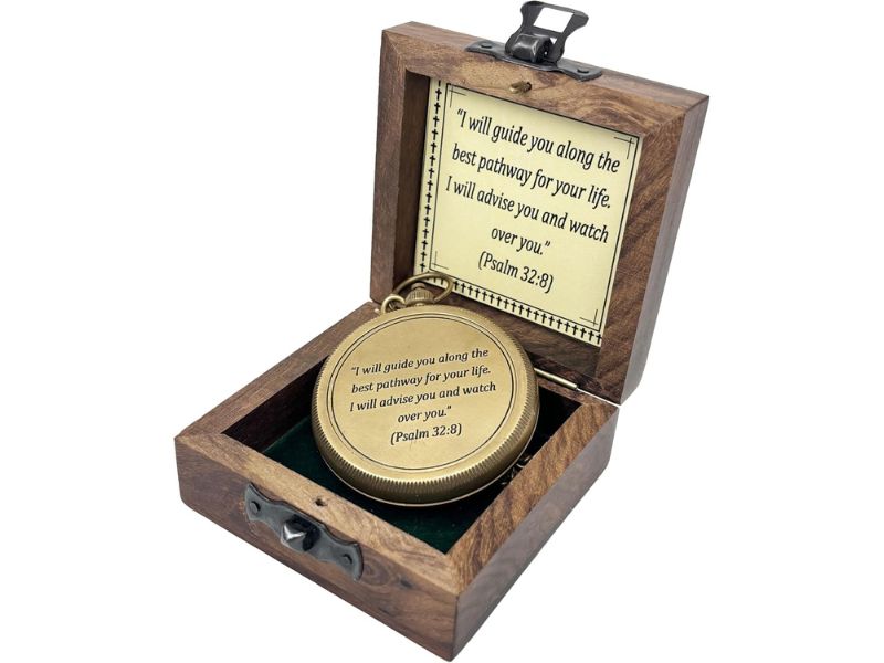 Antique Brass Engraved Compass with Wooden Box | Portable Navigation Compass for Hiking, Camping & Survival | Vintage Nautical Compass Gift for Men, Son, Husband, Birthday or Graduation