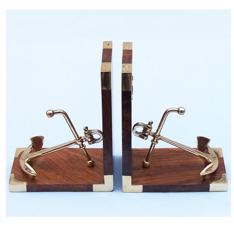 Handmade Wooden Brass Anchor Bookends Set | Nautical Maritime Office Desk Library Decor