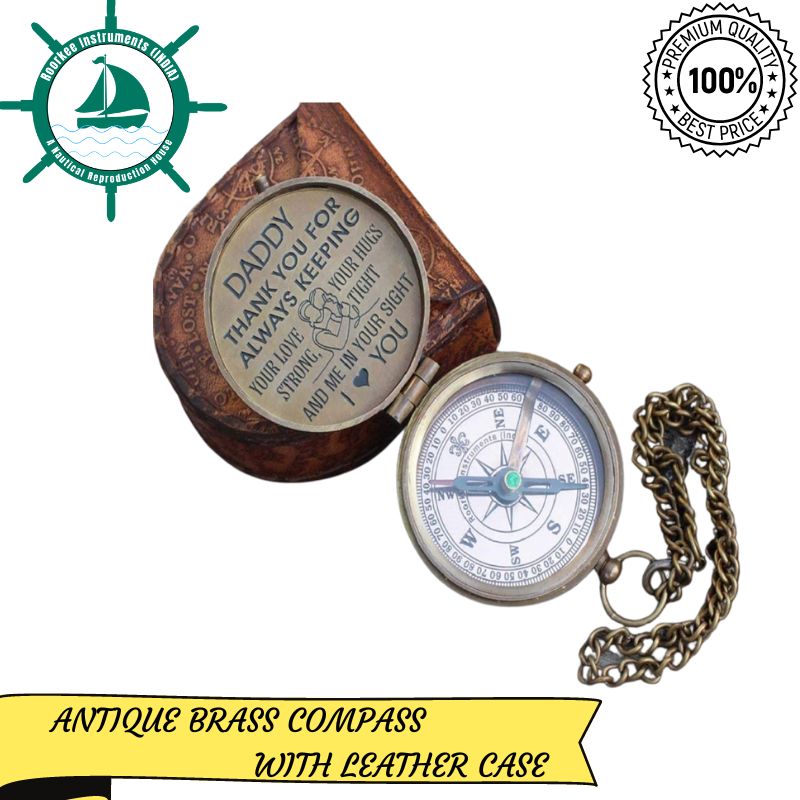 Antique Nautical Vintage Directional Magnetic Compass with Famous Scripture Quote Engraved Baptism Gifts with Leather Case or Wooden Case for Loved Ones, Son, Father, Love, Partner, Spouse, Fiancé.