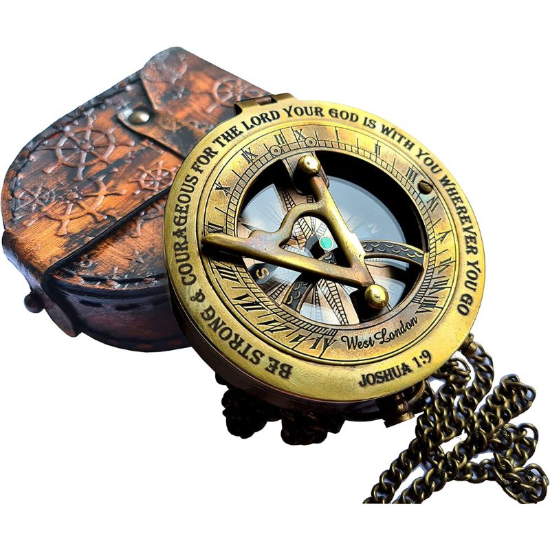 Nautical Brass Sundial Compass with Leather Case and Chain Steampunk Accessory Antiquated Finish Beautiful Handmade Gift Sundial Clock