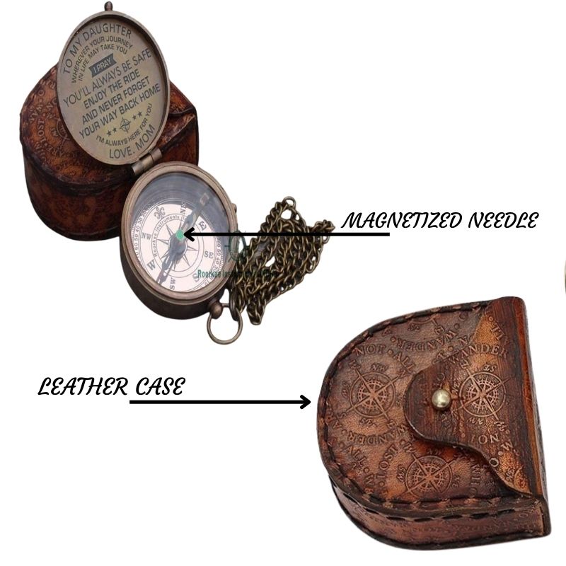 Antique Nautical Vintage Directional Magnetic Compass Famous Scripture Quote Engraved Baptism Gifts with Leather Wooden Case