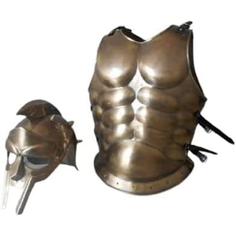 Halloween Roman Muscle Armor Breastplate Jacket Gladiator Maximum Spartan Helmet Brown