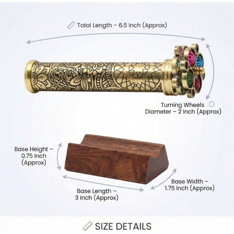 Handcrafted Etched Floral Pattern Lacquered Brass Kaleidoscope Includes Two Separate Turning Wheels-A Unique Gift to My Son, Grandson, Daughter. (6.5\