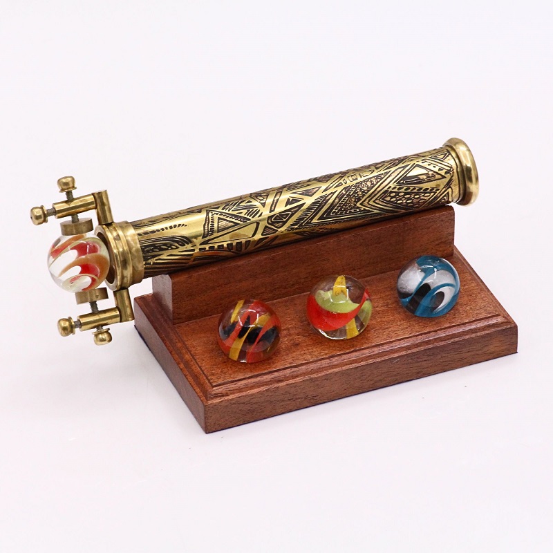 Handmade Brass Vintage Retro Kaleidoscope Toy, Interchangeable Marble Scope, Brass Barrel Kaleidoscope with Wooden Display Stand