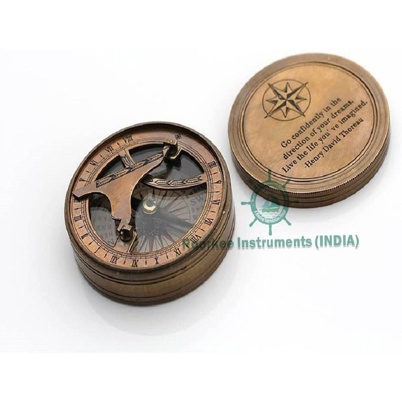 Antique Nautical Vintage Directional Magnetic Sundial Clock Pocket Compass Quote Engraved Gifts with Leather Case, Son, Love Henry David Thoreau Go Confidently in The Direction