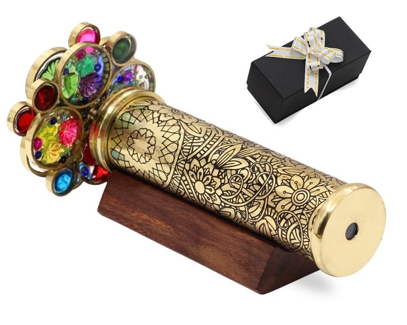 Handmade Floral Pattern Lacquered Brass Kaleidoscope Includes Two Separate Turning Wheels-A Perfect Addition to any Collection.