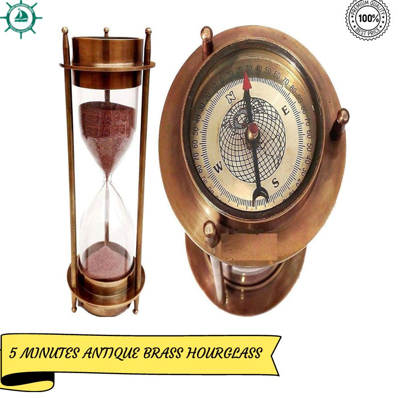 7 inches Nautical Brass 5 minutes Sand Timer Hourglass with Maritime Brass Compass Table Decorative