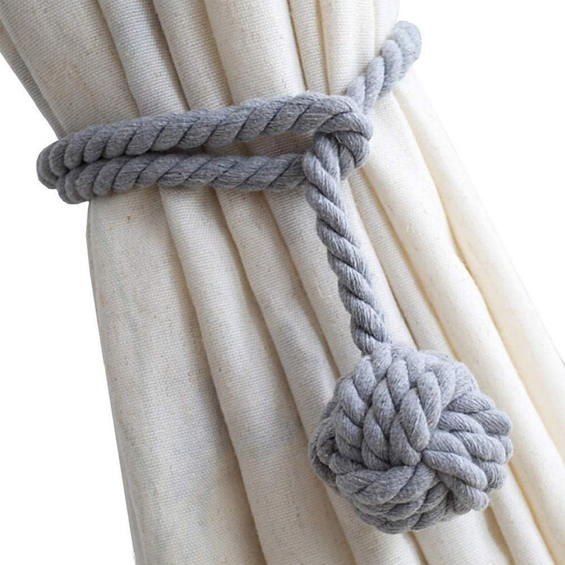 Hand Knitting Window Curtain Tiebacks, 2-Pair Cotton Rope Holdbacks Handmade for Blackout Curtains and Draperies, Grey