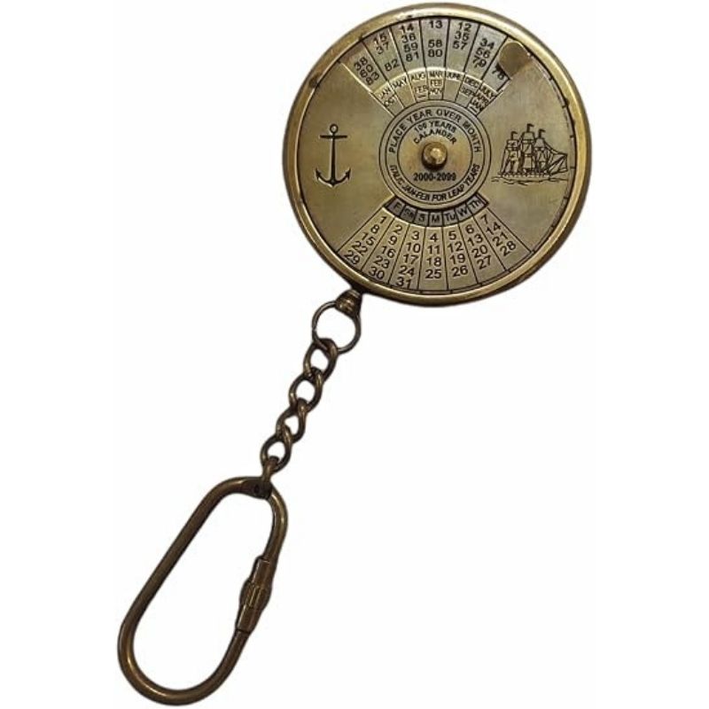  Antique Brass 100 Years ( 2000-2099) Perpetual Calendar Keychain with World Time Small Lovely Gift Keyring Pocket Anchor Lover &amp; Year Calculator Christmas Brown 