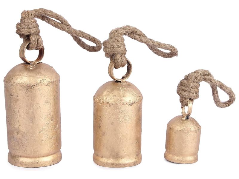 Set of 3 Gold Brass Cow Bells with Jute Hanging Rope – Rustic Wind Chime for Home, Garden, Meditation Room, Yoga Studio & Buddhist Altar – Decorative Hanging Bells (5.5\