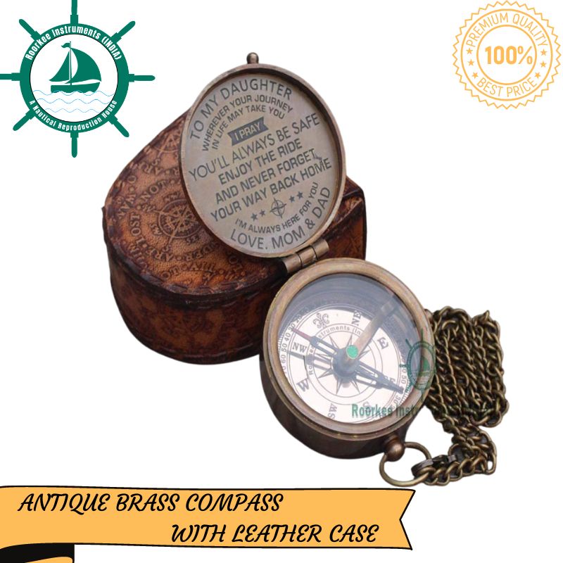 Antique Nautical Vintage Directional Magnetic Compass Famous Scripture Quote Engraved Baptism Gifts with Leather Case