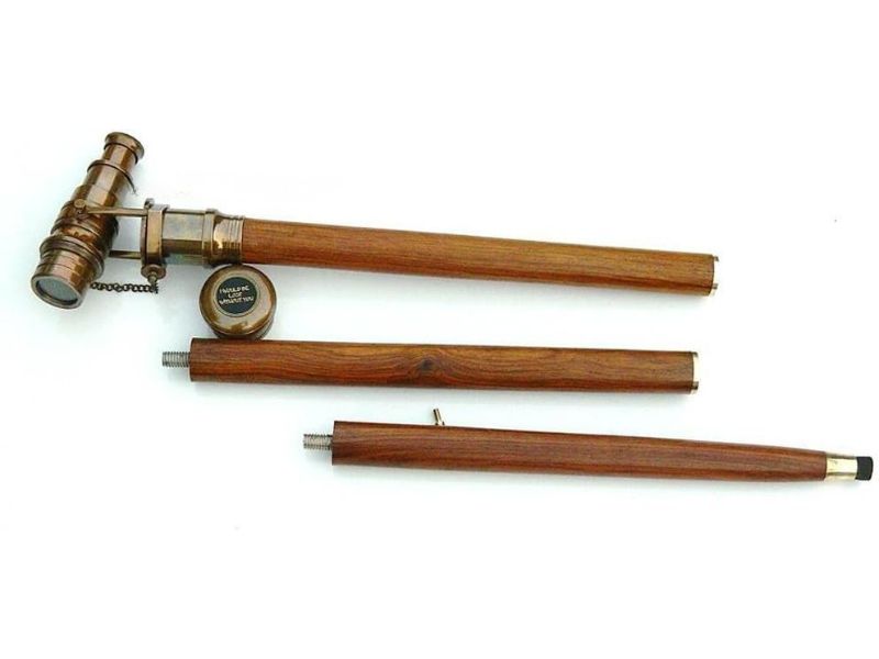 Brass Telescope Walking Stick – Vintage Nautical Spyglass Cane with Wooden Shaft – Handheld Collapsible Monocular Telescope – Antique Maritime Collector’s Gift for Men