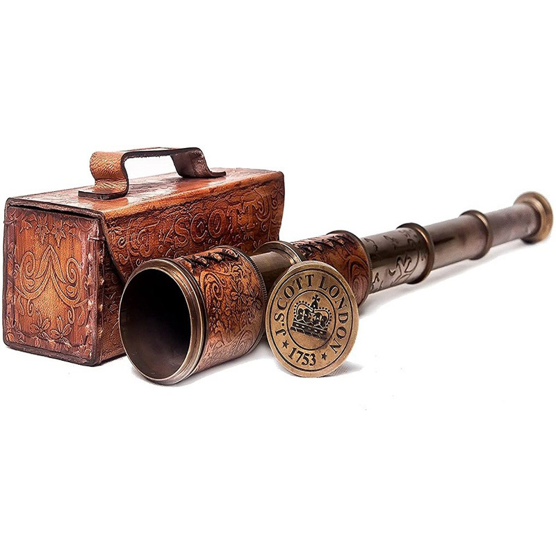 12x Telescope, J. Scott London Functional Vintage Handcrafted Collapsible Pirate Spyglass with Imprinted Leather Case, Gifting Spyglass For Kids Travellers Adventure Enthusiasts, Collectible 17.5 Inches