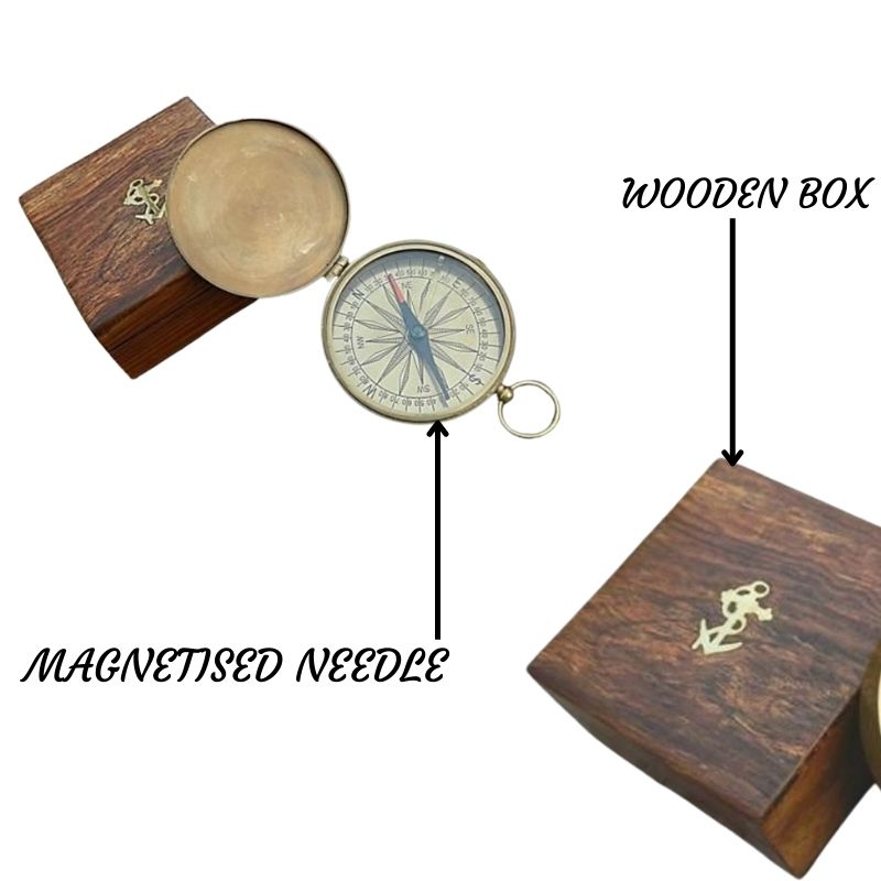 Solid Brass Compass 3 inches with Hard Wood Box Engraved Poem