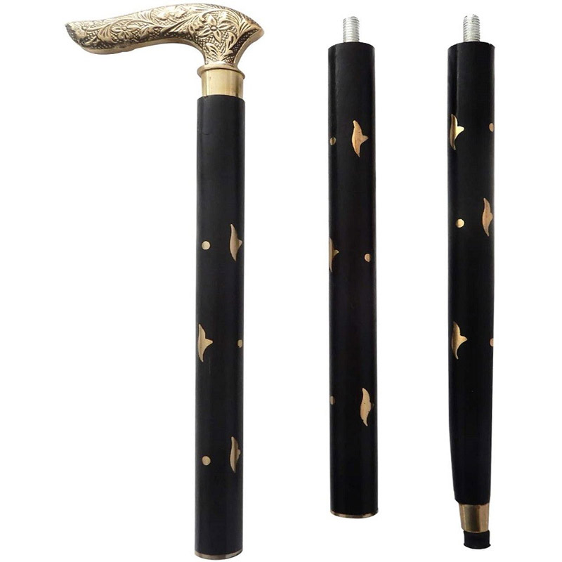 Roorkee Instruments Wooden Folding Walking Sticks with Brass Inlay Design Handle for Senior Citizen Walking Cane (37 Inch)