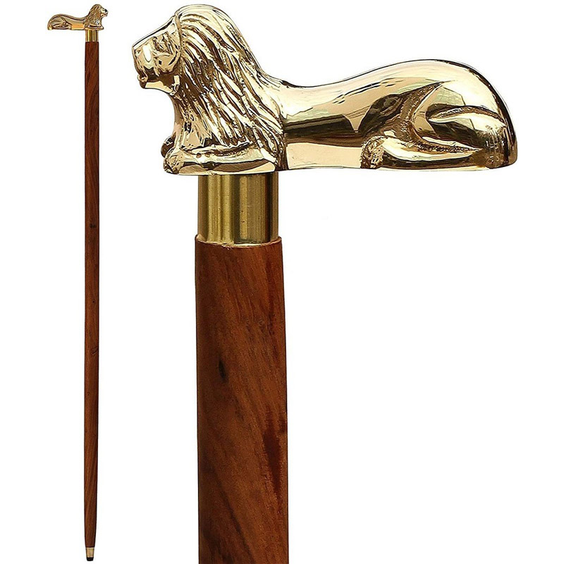 RII Brown Wooden Walking Stick - Wood Cane with Golden Lion Brass Handle - Unique Vintage Look Decorative Gentleman Walking