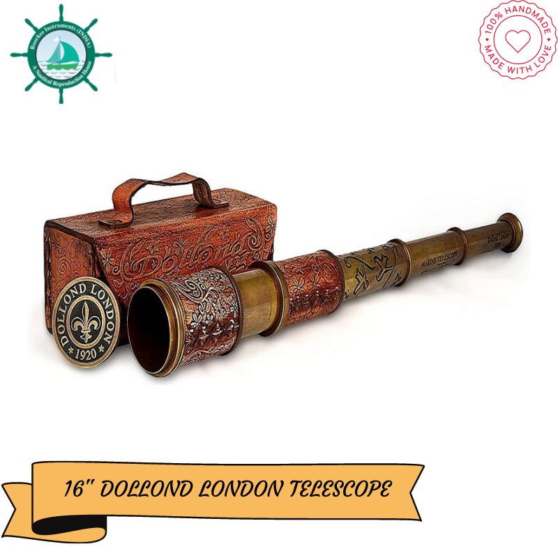 12x Telescope Dollond London Functional Vintage Handcrafted Collapsible Pirate Spyglass with Imprinted Leather Case, Gifting Spyglass for Kids Travellers Adventure Enthusiasts, Collectible 16inches