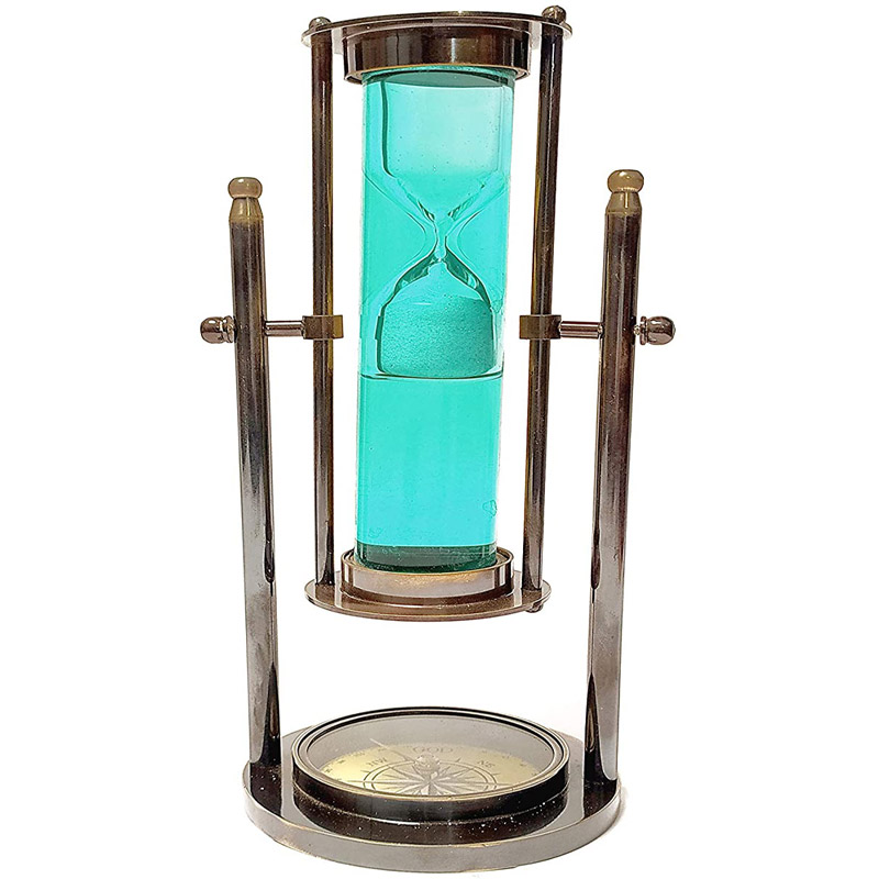 8.66 Inch Colourful Water Filled Tube Floating Sand Timer Hourglass with Compass - Handmade Rustic Decor Antique Brass Enclosed