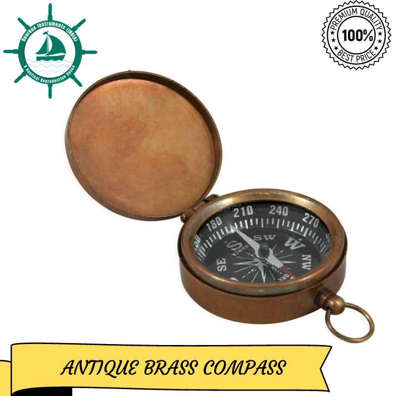 Antique Brass Pocket Compass with Hinged Lid Used for camping, hiking, tracking compass