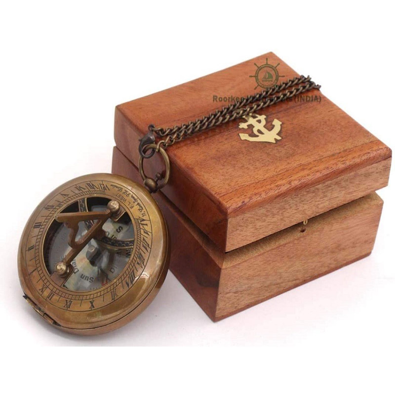  Antique Nautical Vintage Directional Magnetic Sundial Clock Pocket Marine Compass Essential Baptism Gifts with Wooden Case + Chain for Loved Ones, Son, Partner, Spouse, Fiancé 3&amp;amp;amp;amp;quot;